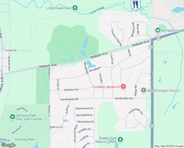 map of restaurants, bars, coffee shops, grocery stores, and more near 108 Woodridge Street in Terre Haute