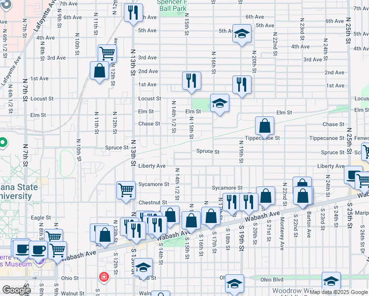 map of restaurants, bars, coffee shops, grocery stores, and more near 506 North 15th Street in Terre Haute