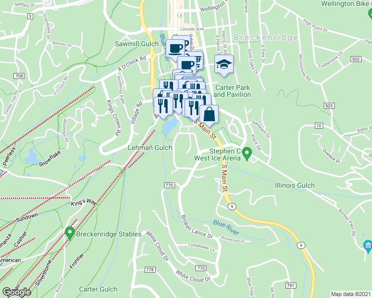 map of restaurants, bars, coffee shops, grocery stores, and more near 800 Snowberry Lane in Breckenridge