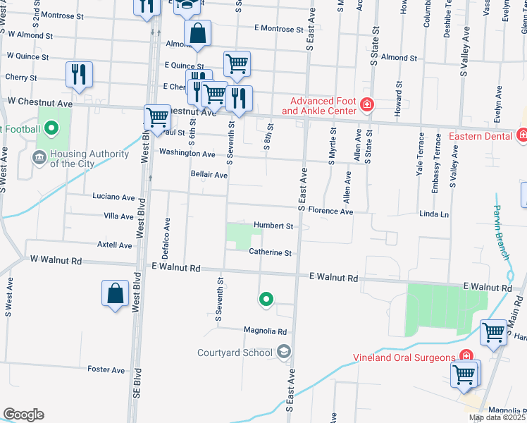 map of restaurants, bars, coffee shops, grocery stores, and more near in Vineland