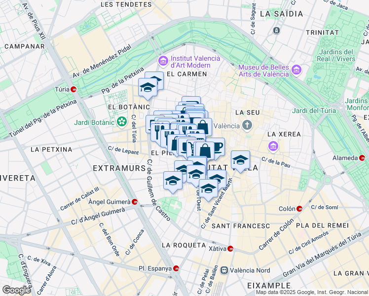 map of restaurants, bars, coffee shops, grocery stores, and more near 6 Plaza Don Juan de Villarrasa in Valencia