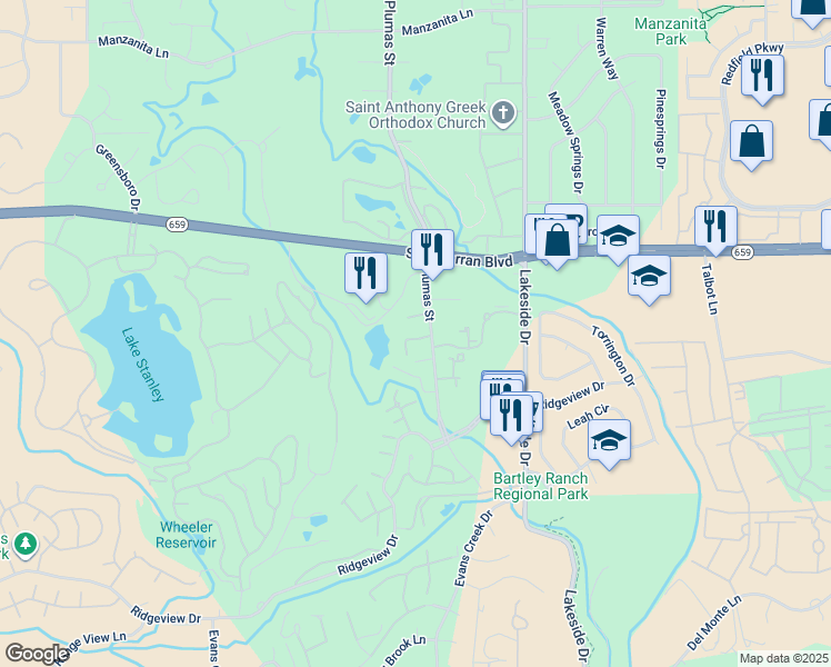 map of restaurants, bars, coffee shops, grocery stores, and more near 6020 Plumas Street in Reno