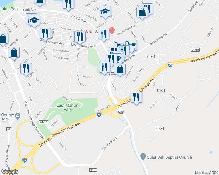 map of restaurants, bars, coffee shops, grocery stores, and more near 962 Grafton Road in Fairmont