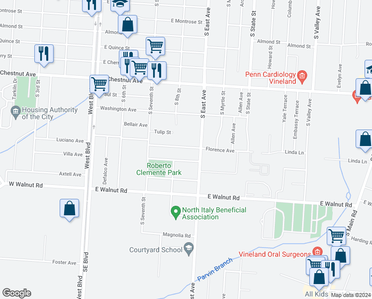 map of restaurants, bars, coffee shops, grocery stores, and more near 813 Florence Avenue in Vineland