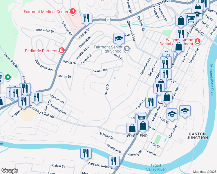 map of restaurants, bars, coffee shops, grocery stores, and more near 914 Henry Drive in Fairmont