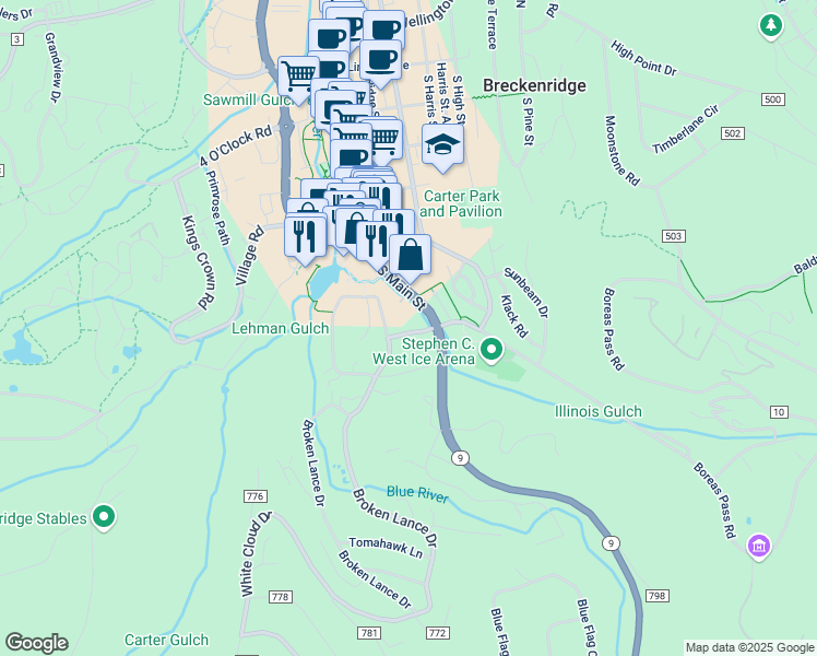 map of restaurants, bars, coffee shops, grocery stores, and more near 106 Columbine Road in Breckenridge