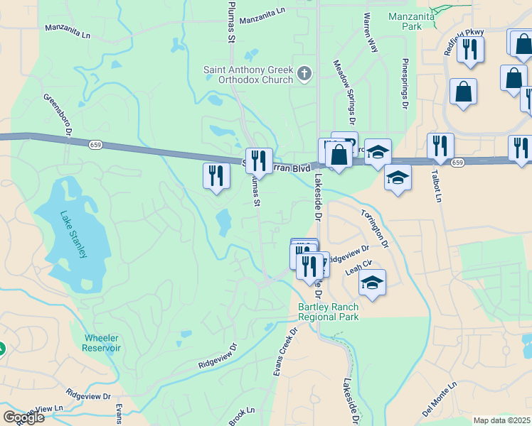 map of restaurants, bars, coffee shops, grocery stores, and more near 6002 Plumas Street in Reno