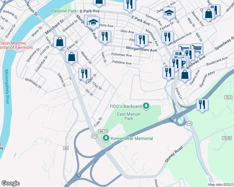 map of restaurants, bars, coffee shops, grocery stores, and more near 910 Market Street in Fairmont
