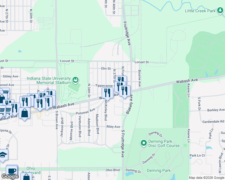 map of restaurants, bars, coffee shops, grocery stores, and more near 3624 Wabash Avenue in Terre Haute