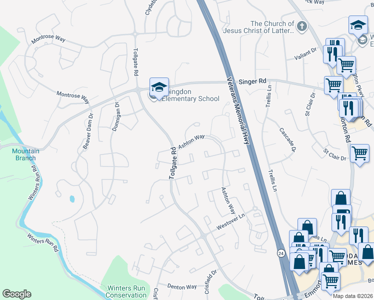 map of restaurants, bars, coffee shops, grocery stores, and more near 3032 Tipton Way in Abingdon