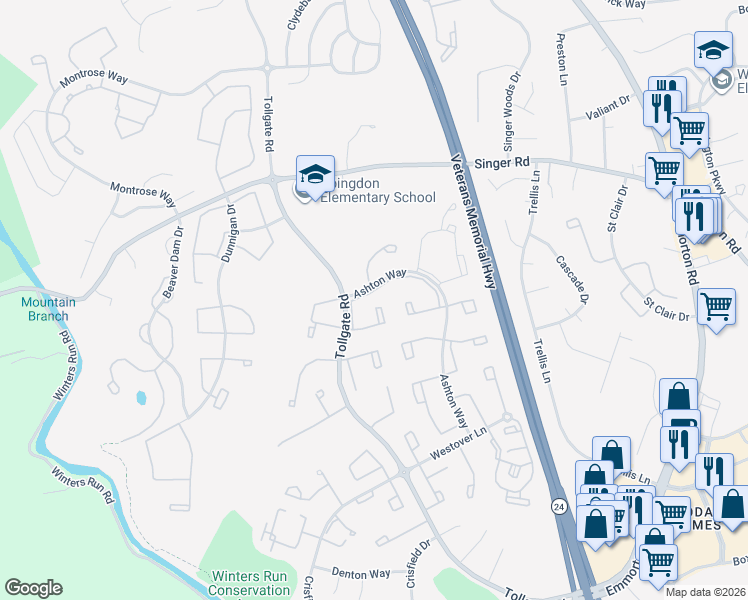 map of restaurants, bars, coffee shops, grocery stores, and more near 3036 Tipton Way in Bel Air South
