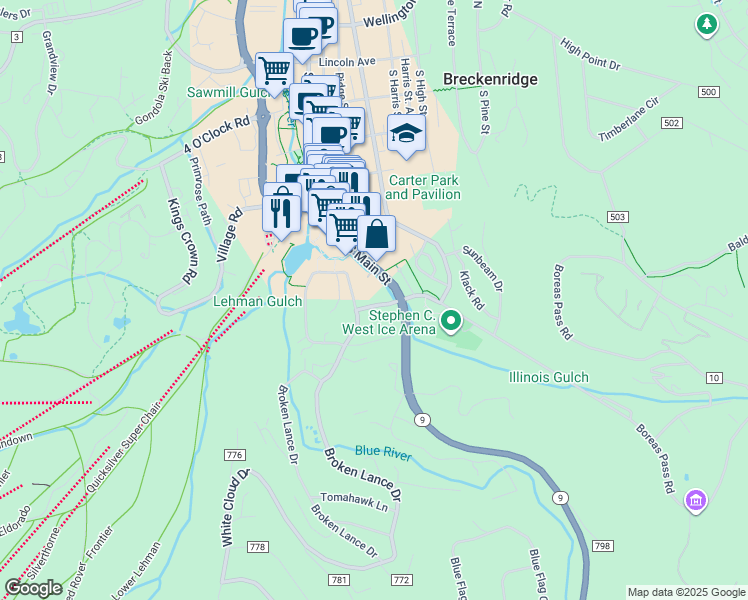 map of restaurants, bars, coffee shops, grocery stores, and more near 33 Broken Lance Drive in Breckenridge