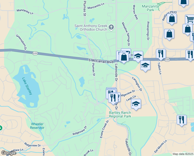 map of restaurants, bars, coffee shops, grocery stores, and more near 6002 Plumas Street in Reno