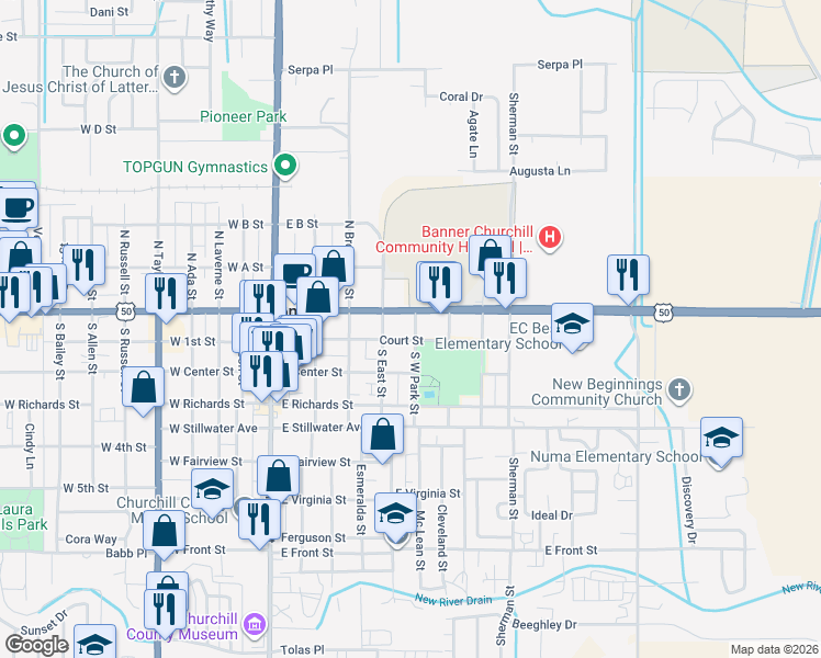 map of restaurants, bars, coffee shops, grocery stores, and more near 98 West Park Street in Fallon