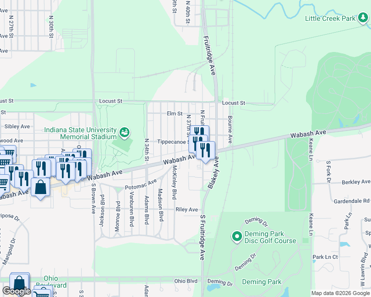 map of restaurants, bars, coffee shops, grocery stores, and more near 3624 Wabash Avenue in Terre Haute