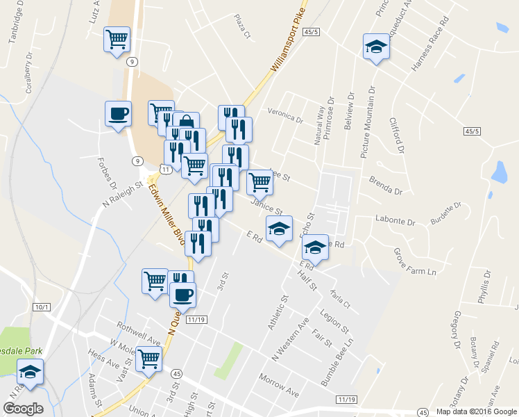 map of restaurants, bars, coffee shops, grocery stores, and more near 124 Janice Street in Martinsburg