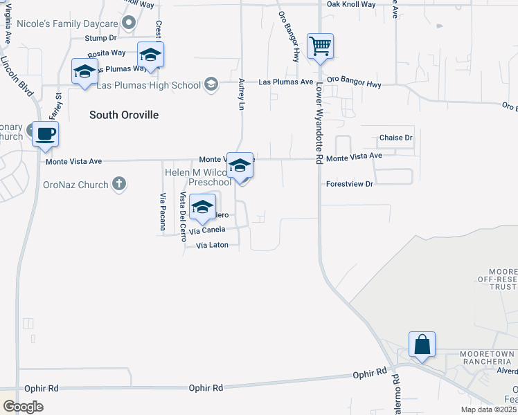 map of restaurants, bars, coffee shops, grocery stores, and more near 5737 Autrey Lane in Oroville
