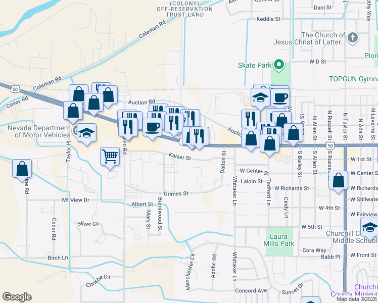 map of restaurants, bars, coffee shops, grocery stores, and more near 1555 West Williams Avenue in Fallon