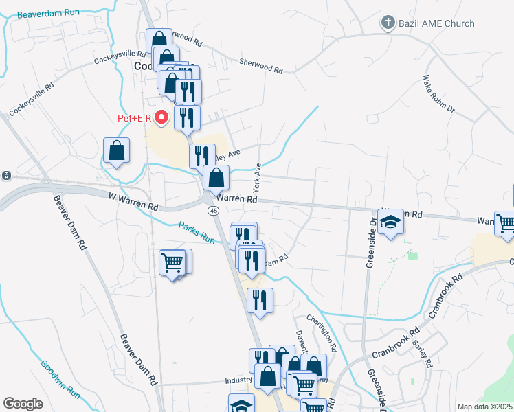 map of restaurants, bars, coffee shops, grocery stores, and more near 4 Warren Lodge Court in Cockeysville