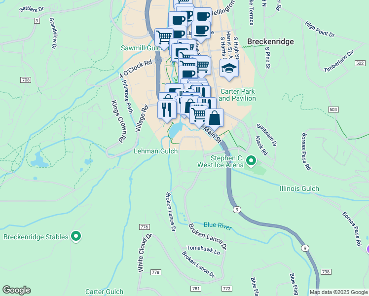 map of restaurants, bars, coffee shops, grocery stores, and more near 800 Snowberry Lane in Breckenridge