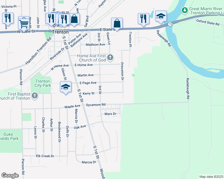 map of restaurants, bars, coffee shops, grocery stores, and more near 413 Kerry Street in Trenton