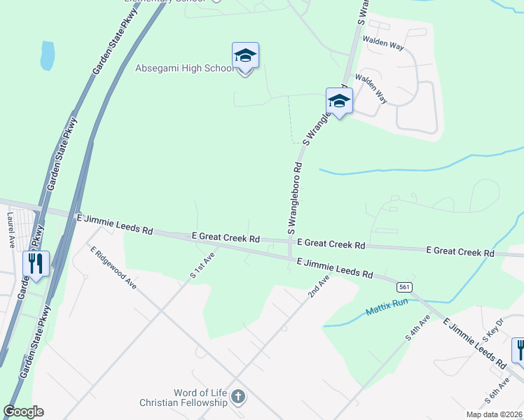 map of restaurants, bars, coffee shops, grocery stores, and more near 127 East Great Creek Road in Galloway