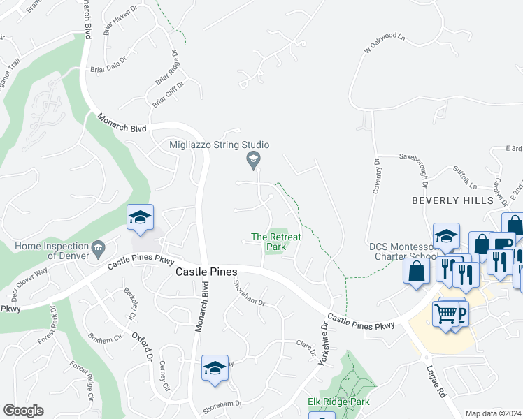 map of restaurants, bars, coffee shops, grocery stores, and more near 242 Woodstock Lane in Castle Rock