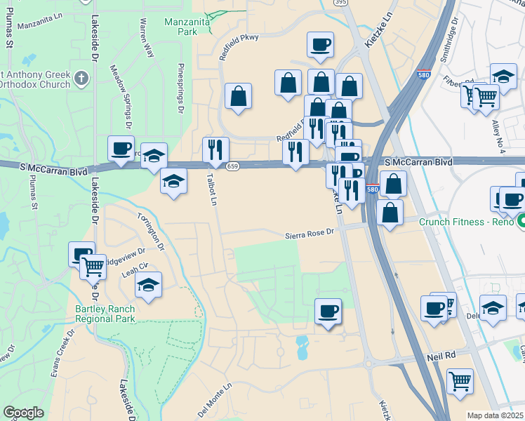 map of restaurants, bars, coffee shops, grocery stores, and more near 631 Sierra Rose Drive in Reno