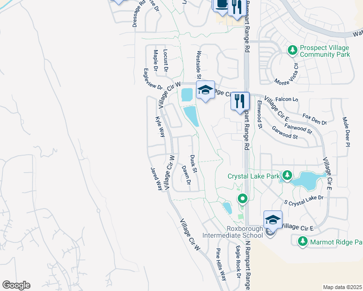 map of restaurants, bars, coffee shops, grocery stores, and more near 7697 Halleys Drive in Littleton