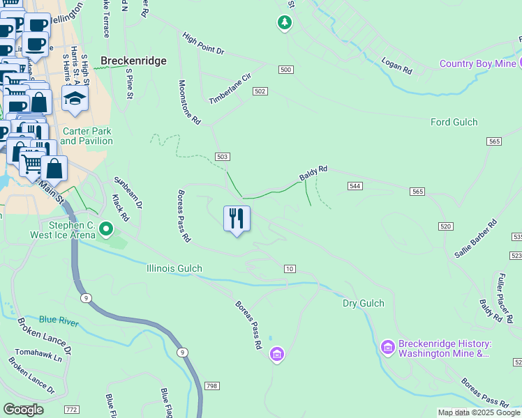 map of restaurants, bars, coffee shops, grocery stores, and more near 1942 Boreas Pass Road in Breckenridge