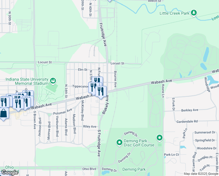 map of restaurants, bars, coffee shops, grocery stores, and more near 4047 Wabash Avenue in Terre Haute