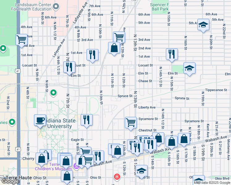 map of restaurants, bars, coffee shops, grocery stores, and more near 1101 Spruce Street in Terre Haute