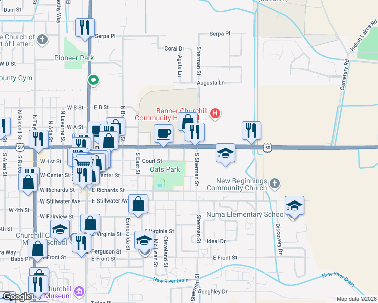 map of restaurants, bars, coffee shops, grocery stores, and more near 625 Court Street in Fallon