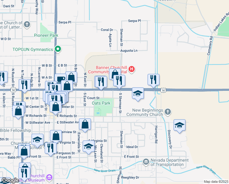 map of restaurants, bars, coffee shops, grocery stores, and more near 27 East Park Street in Fallon