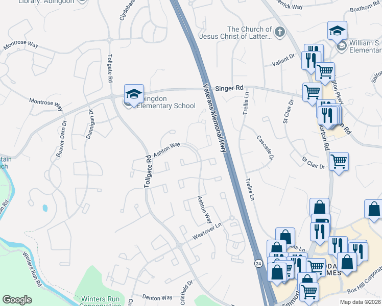 map of restaurants, bars, coffee shops, grocery stores, and more near 3144 Tipton Way in Abingdon