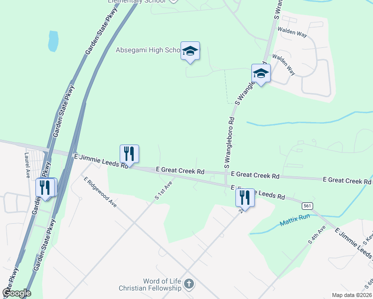 map of restaurants, bars, coffee shops, grocery stores, and more near 113 East Great Creek Road in Galloway