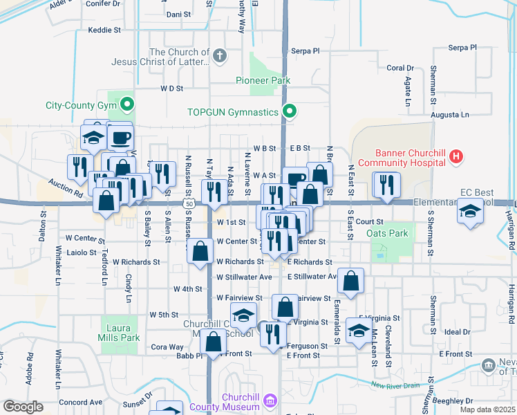 map of restaurants, bars, coffee shops, grocery stores, and more near 10 South Carson Street in Fallon