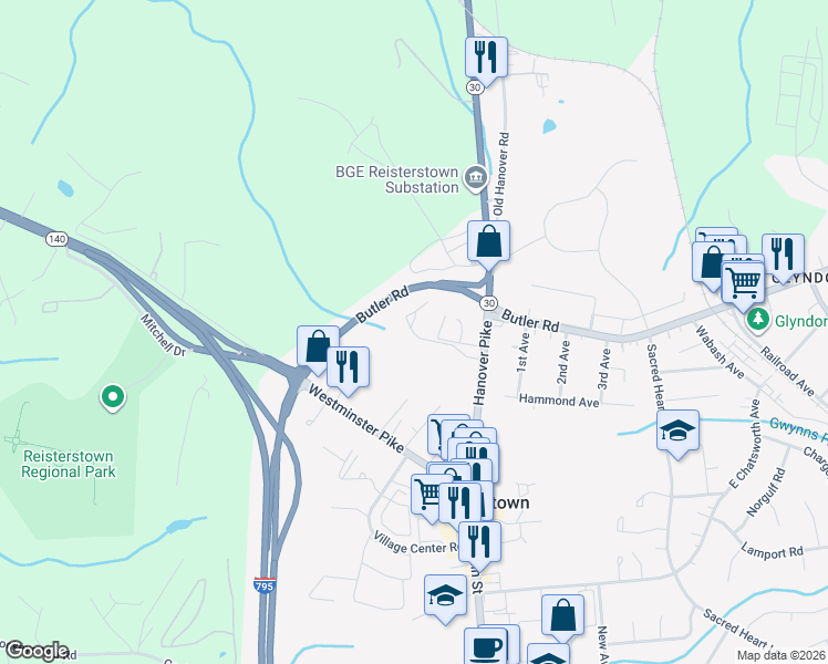 map of restaurants, bars, coffee shops, grocery stores, and more near 101 Westgate Way in Reisterstown