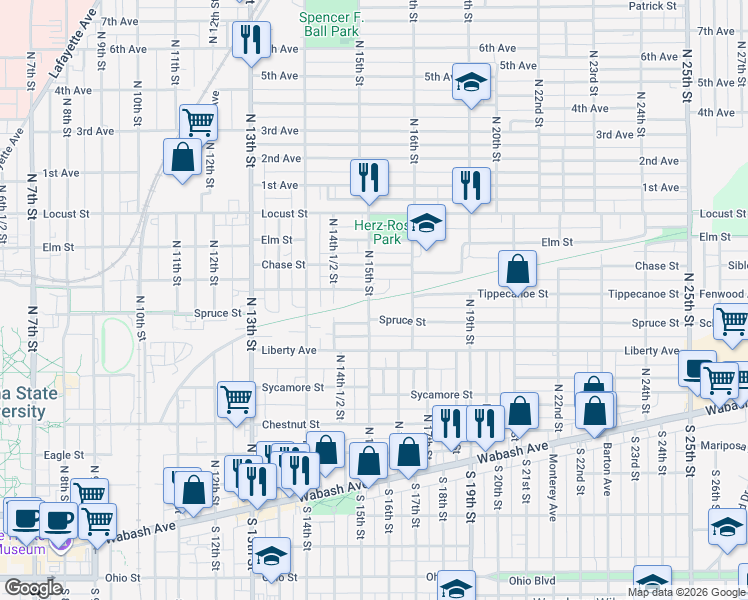 map of restaurants, bars, coffee shops, grocery stores, and more near National Road Heritage Trail (Terre Haute) in Terre Haute