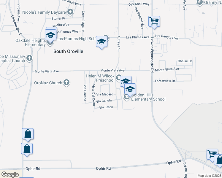 map of restaurants, bars, coffee shops, grocery stores, and more near 5780 Autrey Lane in Oroville