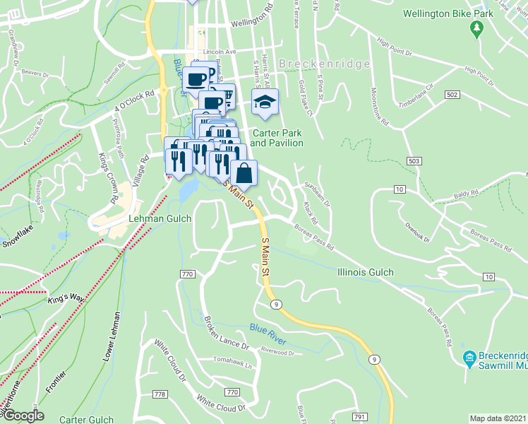 map of restaurants, bars, coffee shops, grocery stores, and more near 33 Broken Lance Drive in Breckenridge