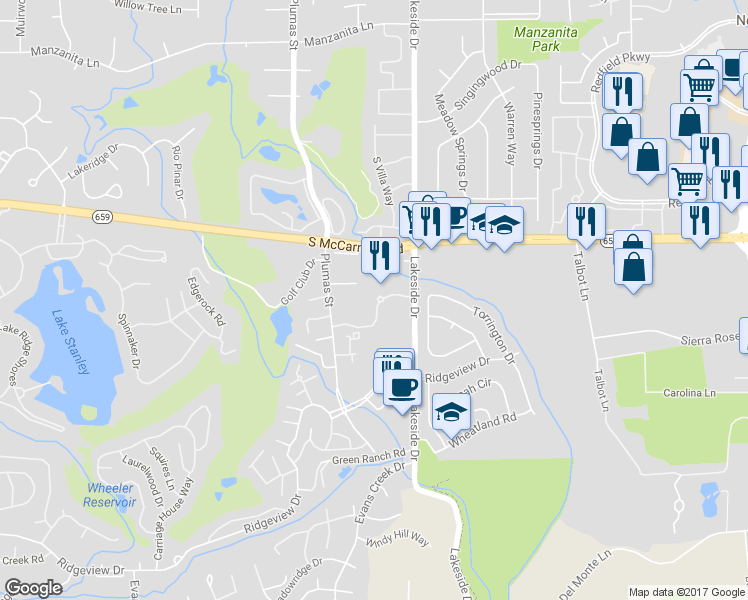 map of restaurants, bars, coffee shops, grocery stores, and more near 6046 Plumas Street in Reno