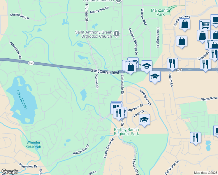 map of restaurants, bars, coffee shops, grocery stores, and more near 6046 Plumas Street in Reno