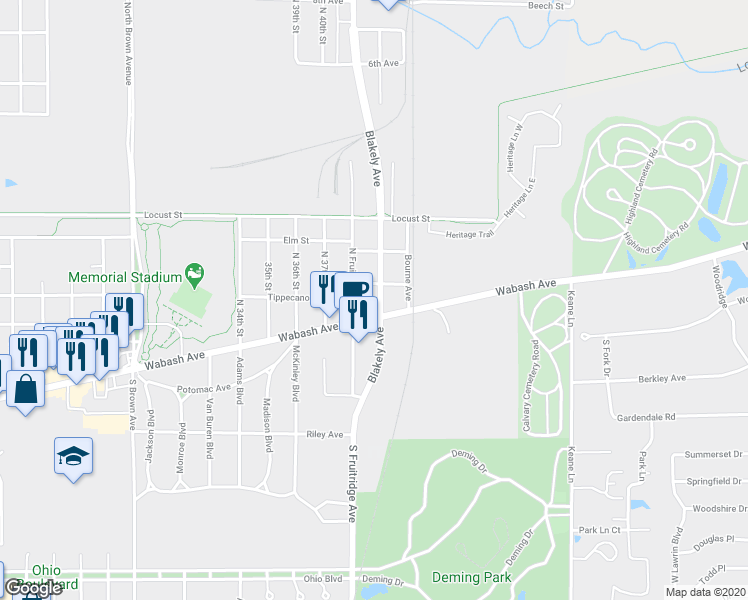 map of restaurants, bars, coffee shops, grocery stores, and more near 4047 Wabash Avenue in Terre Haute