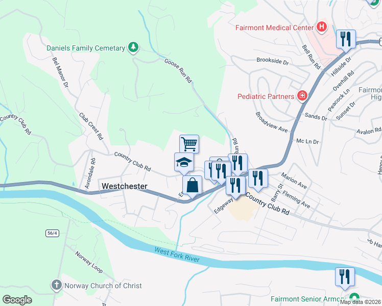 map of restaurants, bars, coffee shops, grocery stores, and more near 301 Marion Square in Fairmont