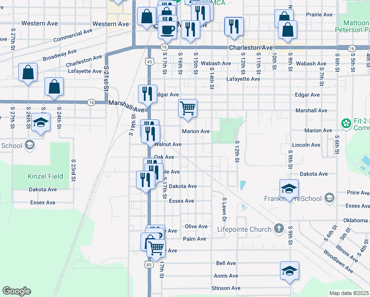 map of restaurants, bars, coffee shops, grocery stores, and more near 717 South 16th Street in Mattoon