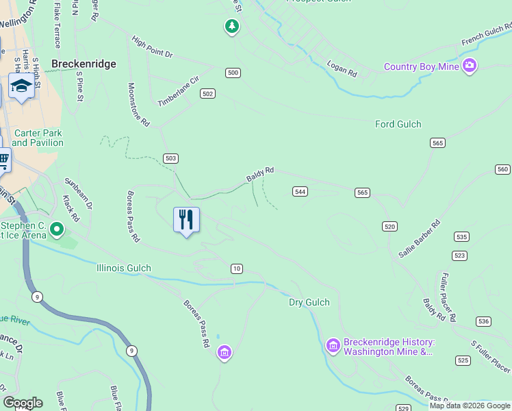 map of restaurants, bars, coffee shops, grocery stores, and more near 61 Grey Jay Lane in Breckenridge