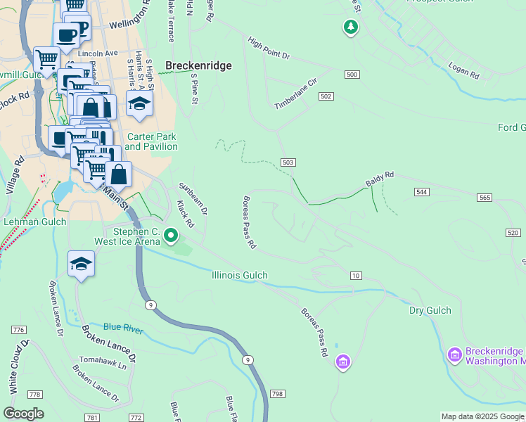 map of restaurants, bars, coffee shops, grocery stores, and more near 265 Overlook Drive in Breckenridge