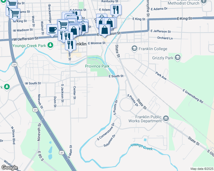 map of restaurants, bars, coffee shops, grocery stores, and more near 287 East South Street in Franklin