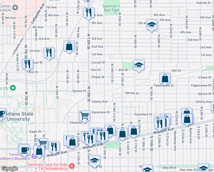 map of restaurants, bars, coffee shops, grocery stores, and more near 600-698 N 14th 1/2 St in Terre Haute